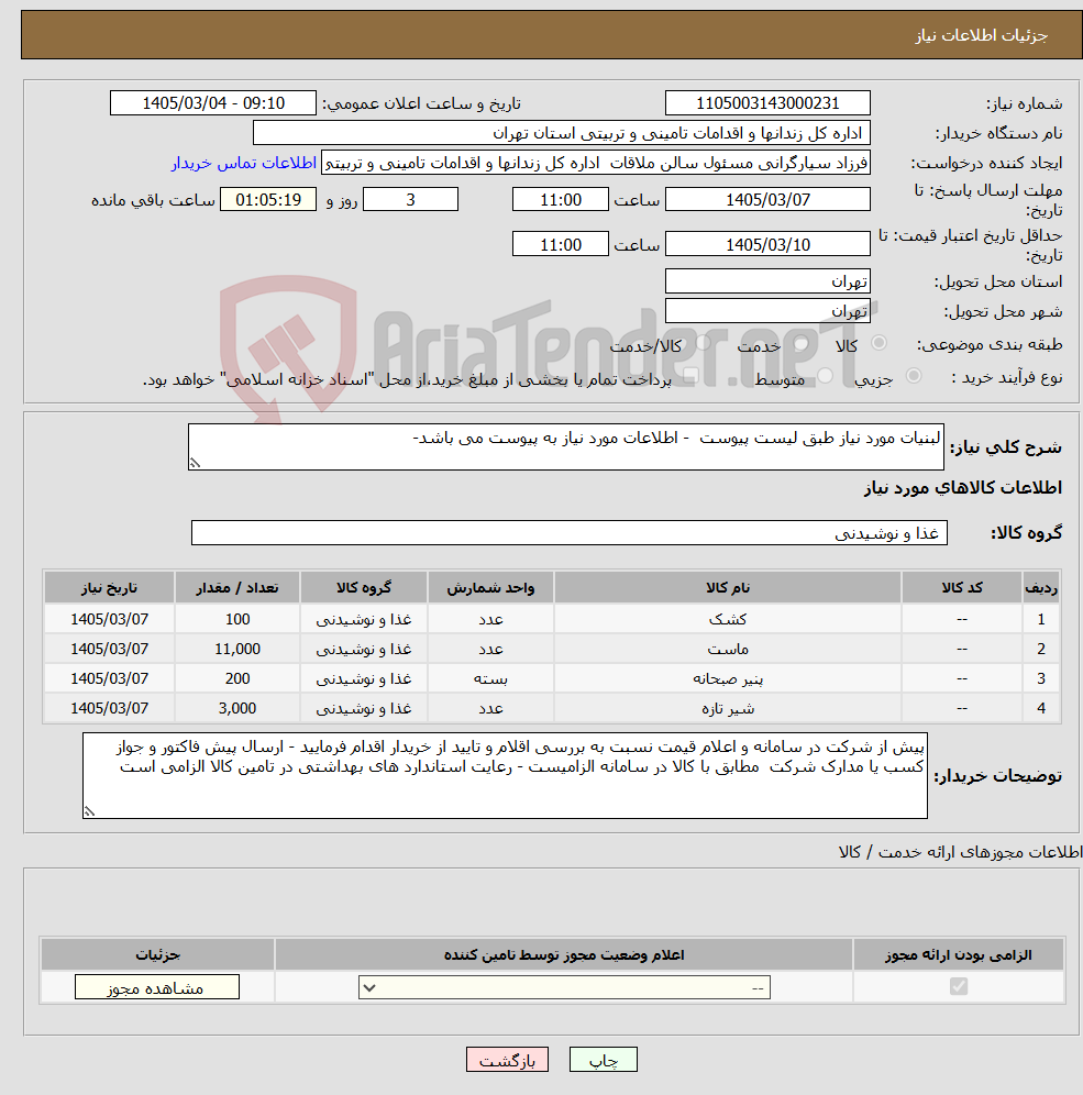 تصویر کوچک آگهی نیاز کالا-لبنیات مورد نیاز طبق لیست پیوست - اطلاعات مورد نیاز به پیوست می باشد- 