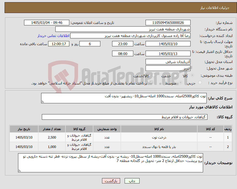 تصویر کوچک آگهی نیاز کالا-توت کاکوزا2500اصله، سنجد1000 اصله-سطل10- ریشهپر- بدون آفت