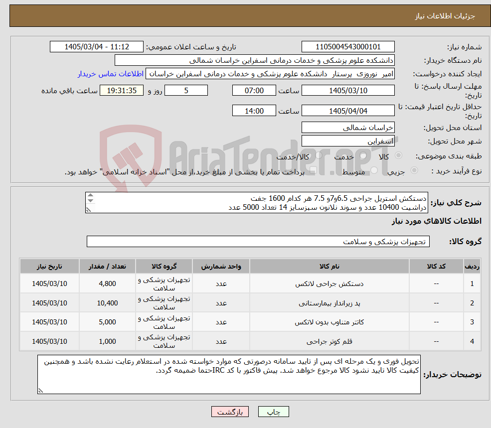 تصویر کوچک آگهی نیاز کالا-دستکش استریل جراحی 6.5و7و 7.5 هر کدام 1600 جفت دراشیت 10400 عدد و سوند نلانون سبزسایز 14 تعداد 5000 عدد قلم کوتر 1000 عدد