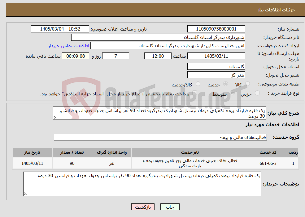 تصویر کوچک آگهی نیاز خدمات-یک فقره قرارداد بیمه تکمیلی درمان پرسنل شهرادری بندرگزبه تعداد 90 نفر براساس جدول تعهدات و فرانشیز 30 درصد