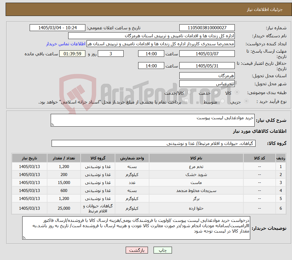 تصویر کوچک آگهی نیاز کالا-خرید موادغذایی لیست پیوست