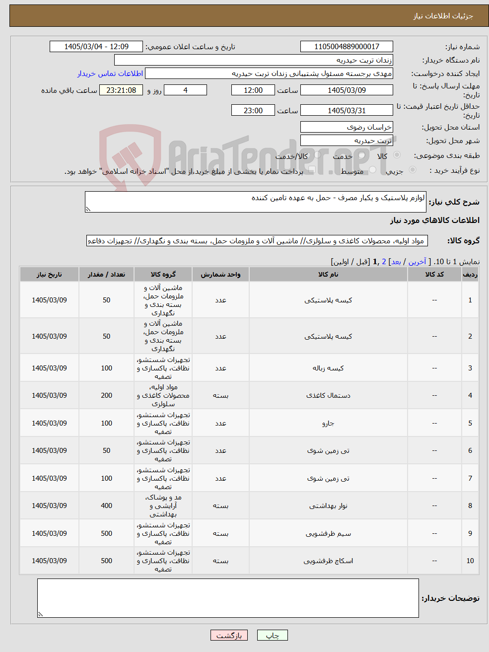 تصویر کوچک آگهی نیاز کالا-لوازم پلاستیک و یکبار مصرف - حمل به عهده تامین کننده 