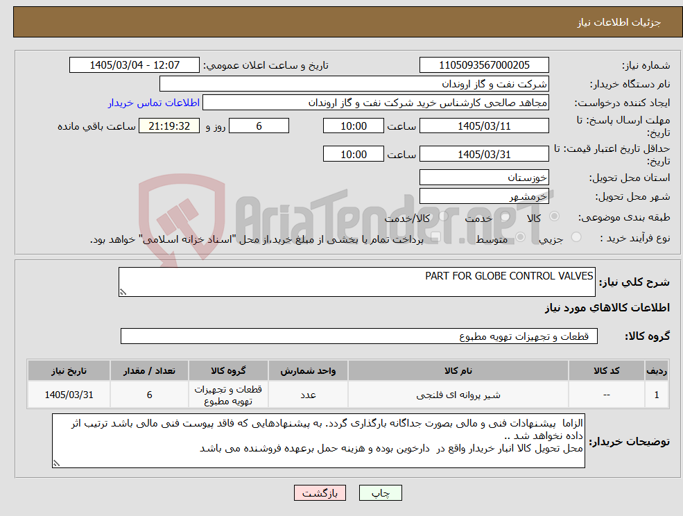 تصویر کوچک آگهی نیاز کالا-PART FOR GLOBE CONTROL VALVES 