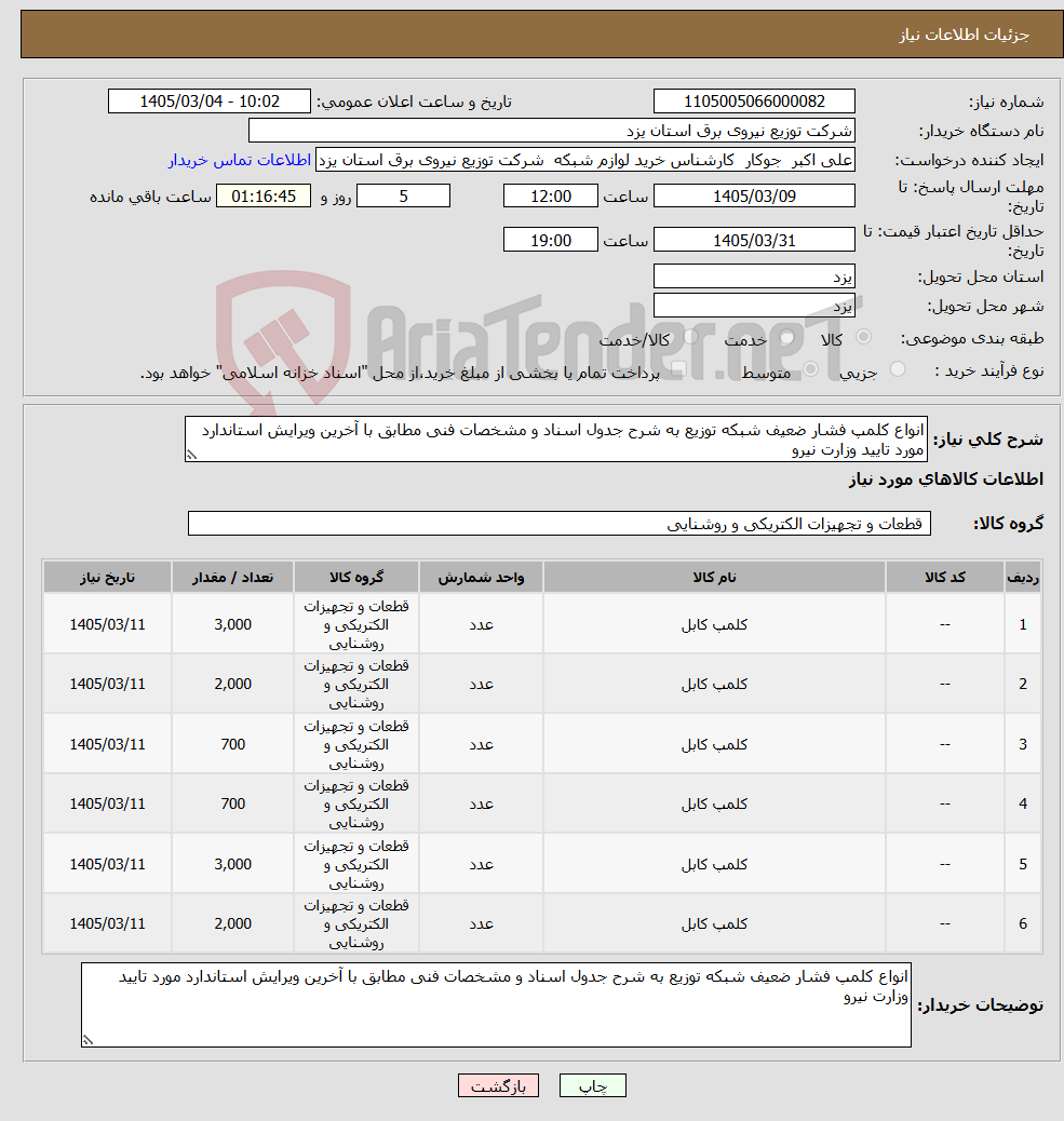 تصویر کوچک آگهی نیاز کالا-انواع کلمپ فشار ضعیف شبکه توزیع به شرح جدول اسناد و مشخصات فنی مطابق با آخرین ویرایش استاندارد مورد تایید وزارت نیرو