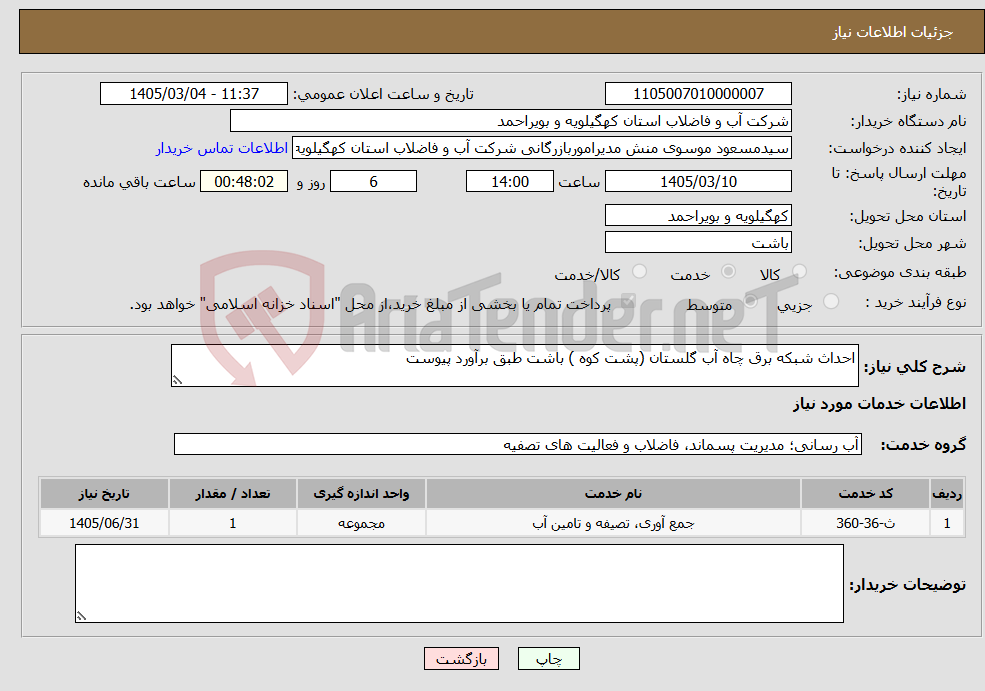 تصویر کوچک آگهی نیاز خدمات-احداث شبکه برق چاه آب گلستان (پشت کوه ) باشت طبق برآورد پیوست