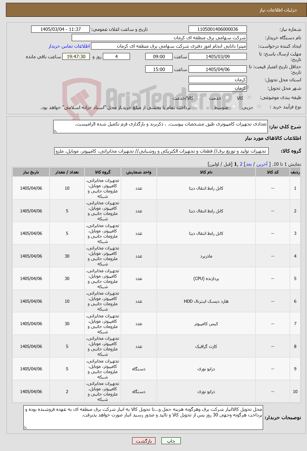 تصویر کوچک آگهی نیاز کالا-تعدادی تجهیزات کامپیوتری طبق مشخصات پیوست. ، ذکربرند و بارگذاری فرم تکمیل شده الزامیست.
