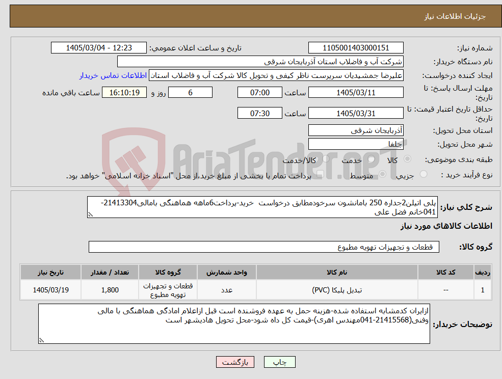 تصویر کوچک آگهی نیاز کالا-پلی اتیلن2جداره 250 بامانشون سرخودمطابق درخواست خرید-پرداخت6ماهه هماهنگی بامالی21413304-041خانم فضل علی