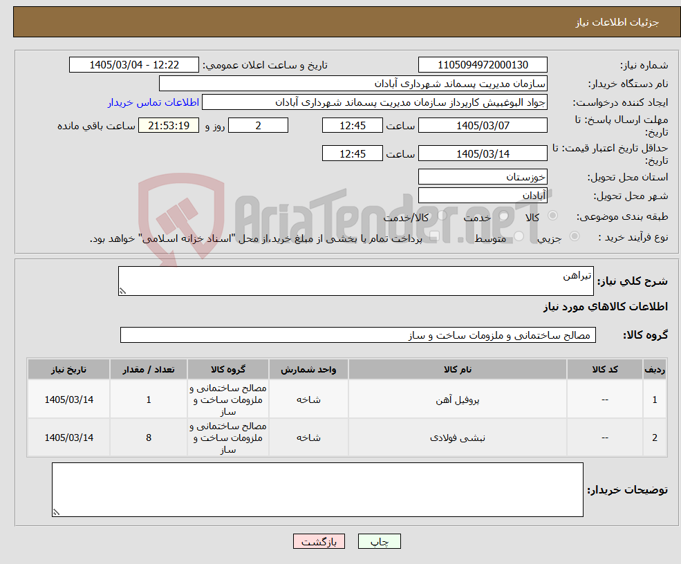 تصویر کوچک آگهی نیاز کالا-تیراهن