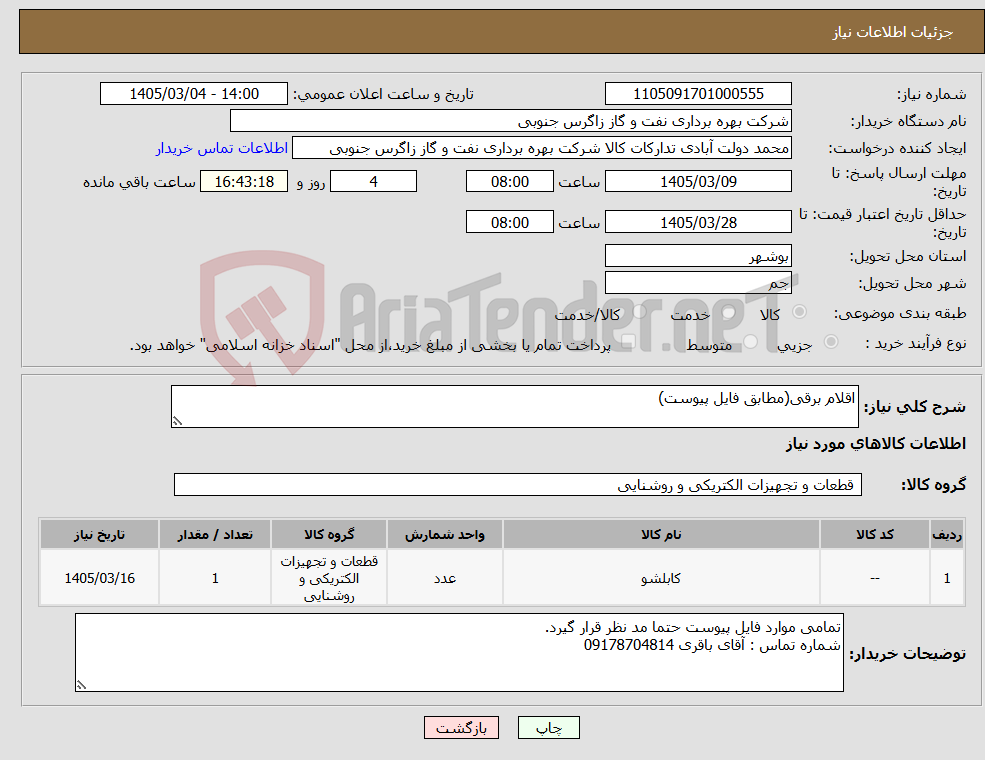 تصویر کوچک آگهی نیاز کالا-اقلام برقی(مطابق فایل پیوست)