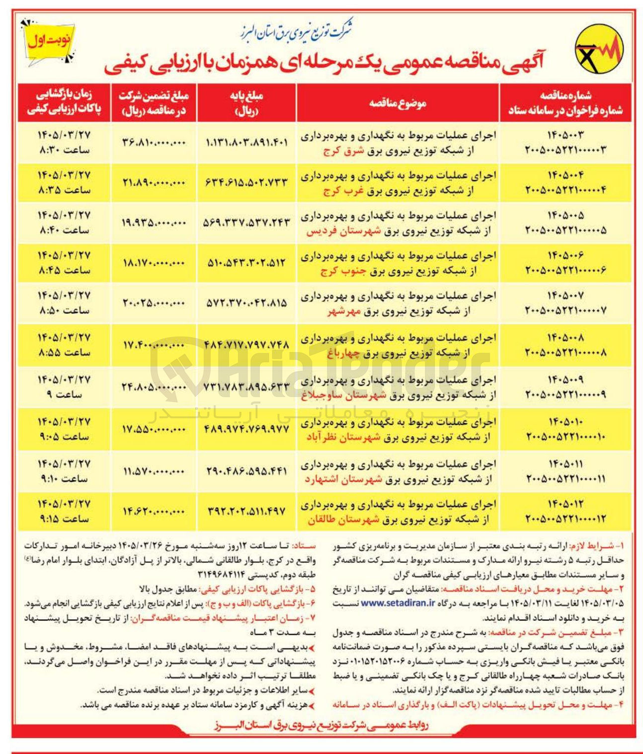 تصویر کوچک آگهی اجرای عملیات مربوط به نگهداری و بهره برداری از شبکه توزیع نیروی برق