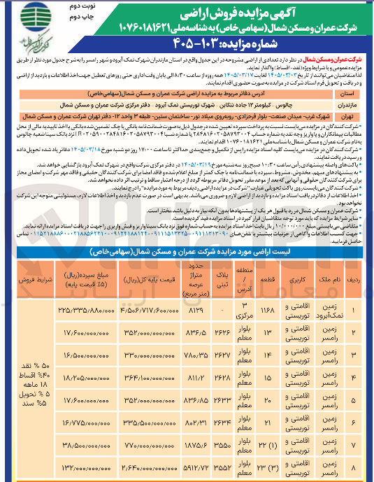 تصویر کوچک آگهی واگذاری تعدادی از اراضی خود با کاربری اقامتی و توریستی