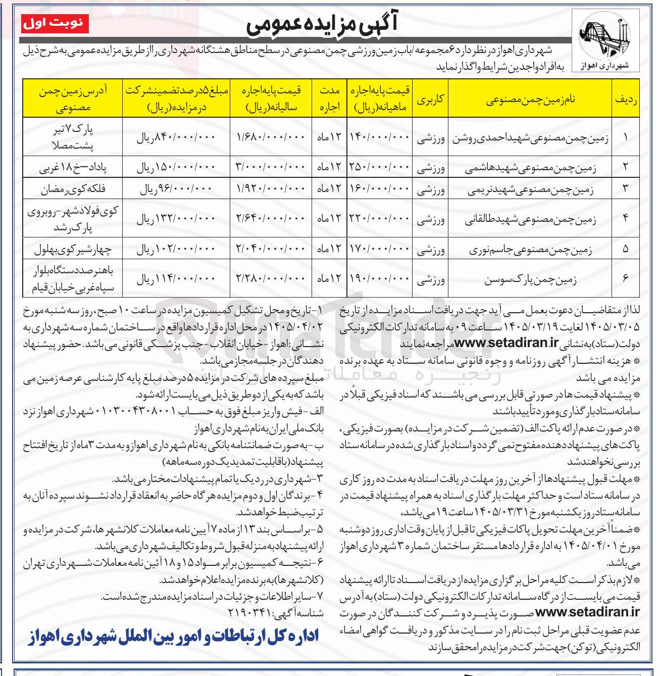 تصویر کوچک آگهی واگذاری 6 مجموعه / باب زمین ورزشی چمن مصنوعی در سطح مناطق هشتگانه شهرداری