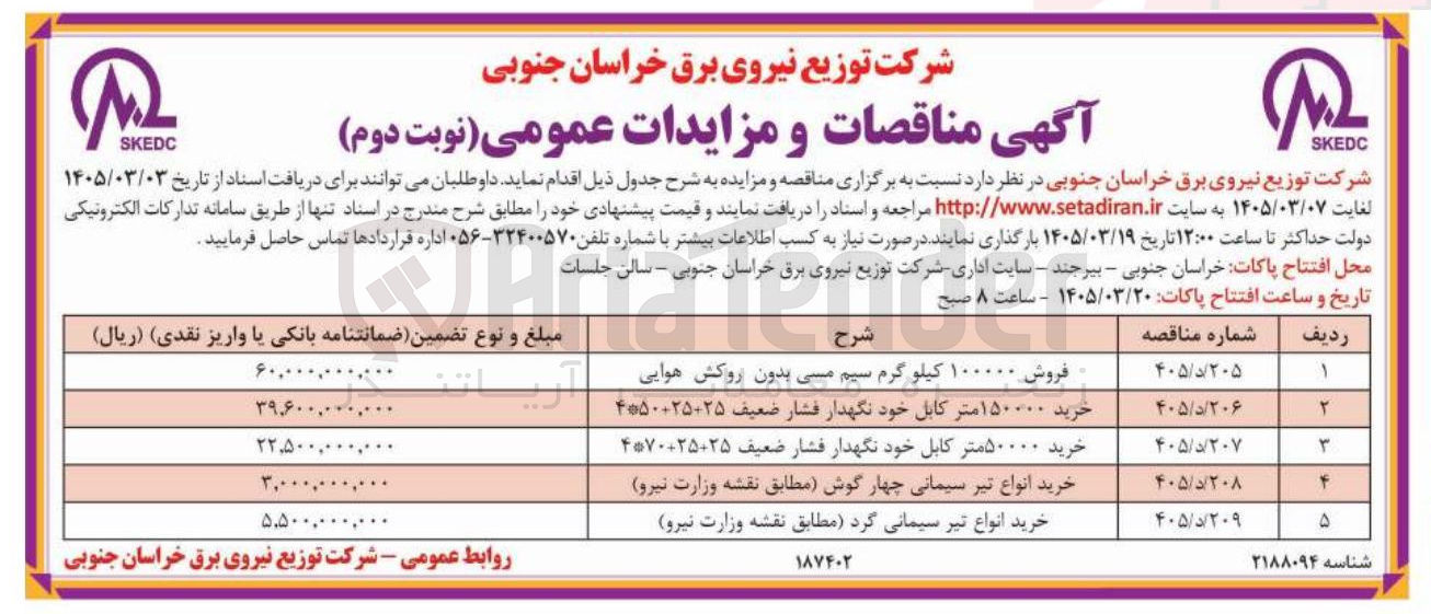 تصویر کوچک آگهی فروش ۱۰۰۰۰۰ کیلو گرم سیم مسی بدون روکش هوایی