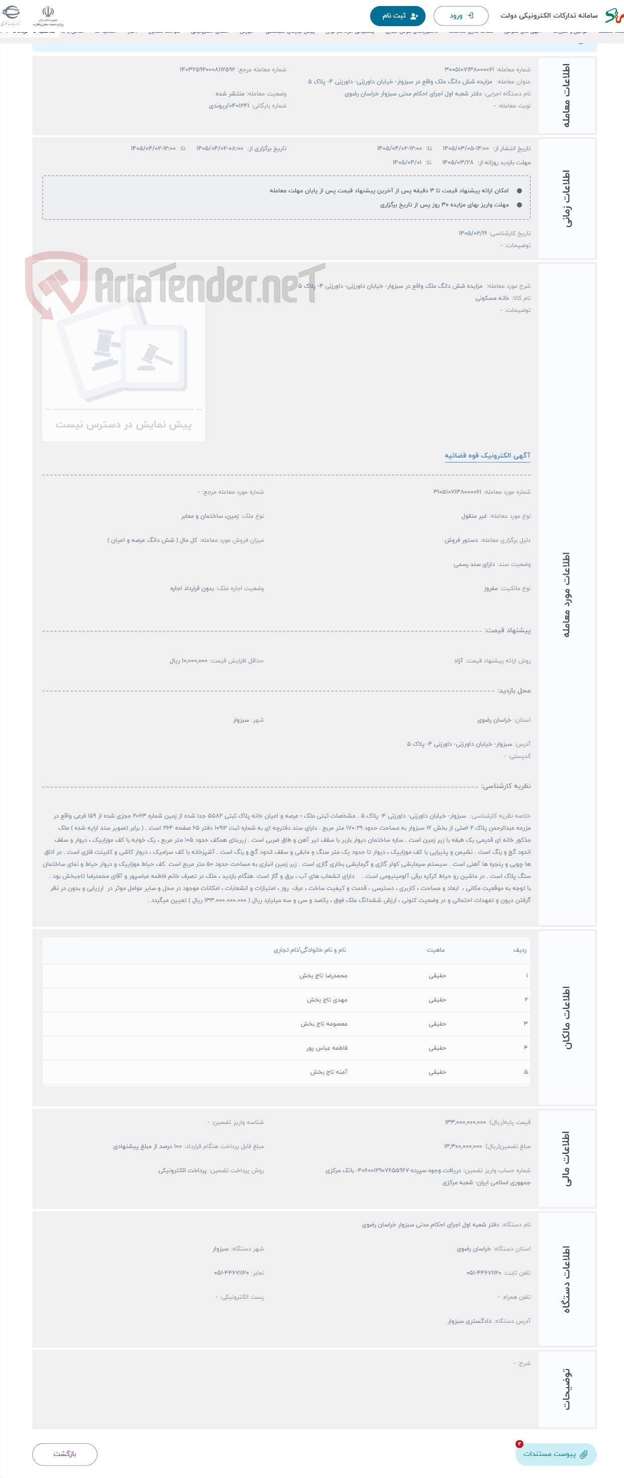 تصویر کوچک آگهی حراج  مزایده شش دانگ ملک واقع در سبزوار- خیابان داورزنی- داورزنی 4- پلاک 5 