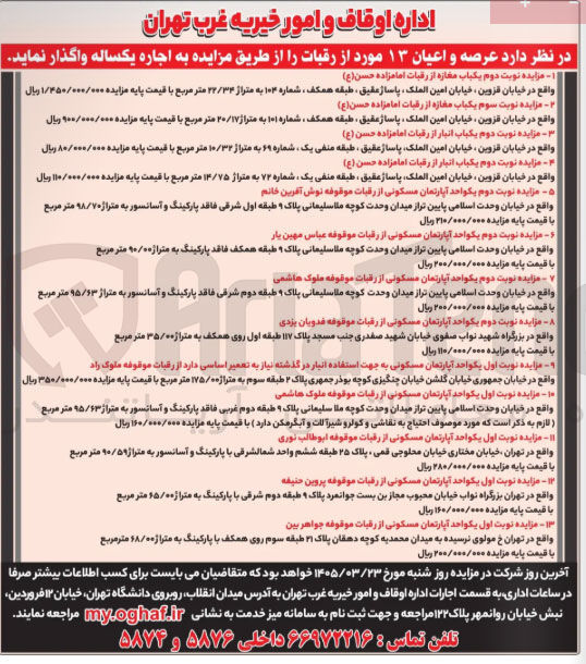 تصویر کوچک آگهی اجاره عرصه و اعیان ۱۳ مورد از رقبات