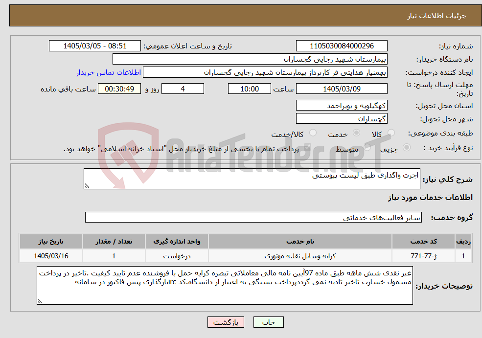 تصویر کوچک آگهی نیاز خدمات-اجرت واگذاری طبق لیست پیوستی