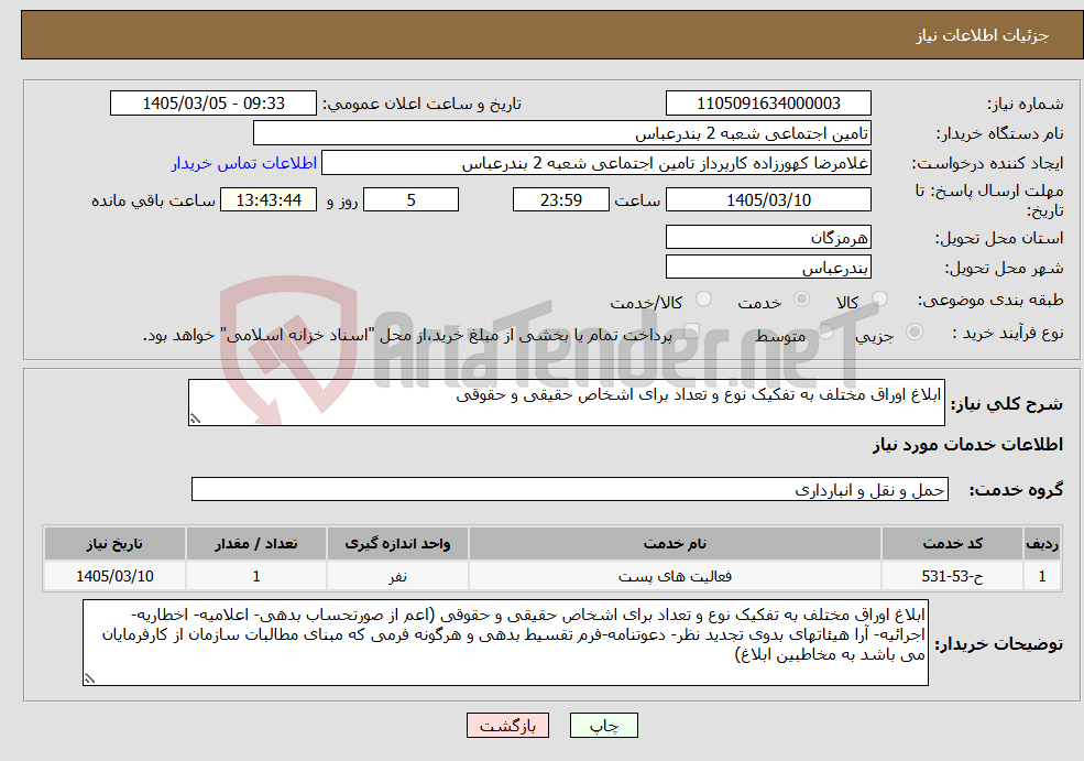 تصویر کوچک آگهی نیاز خدمات-ابلاغ اوراق مختلف به تفکیک نوع و تعداد برای اشخاص حقیقی و حقوقی