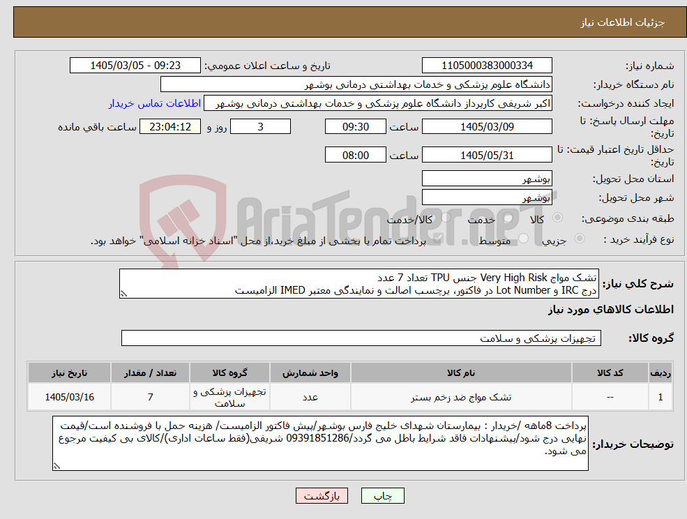 تصویر کوچک آگهی نیاز کالا-تشک مواج Very High Risk جنس TPU تعداد 7 عدد درج IRC و Lot Number در فاکتور، برچسب اصالت و نمایندگی معتبر IMED الزامیست
