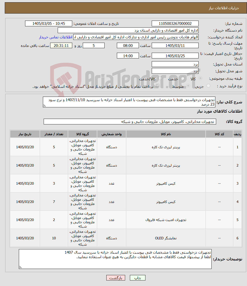 تصویر کوچک آگهی نیاز کالا-تجهیزات درخواستی فقط با مشخصات فنی پیوست با اعتبار اسناد خزانه با سررسید 1407/11/10 و نرخ سود 23 درصد