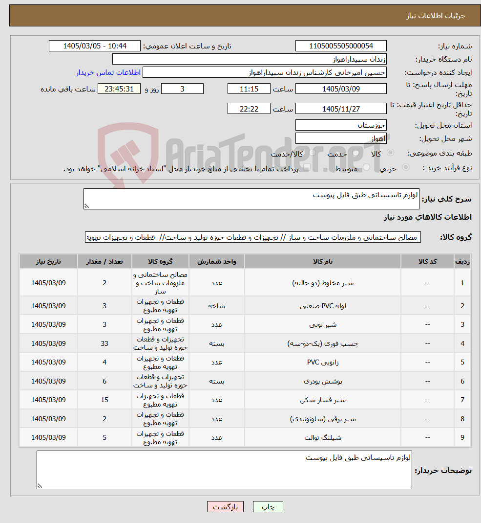تصویر کوچک آگهی نیاز کالا-لوازم تاسیساتی طبق فایل پیوست