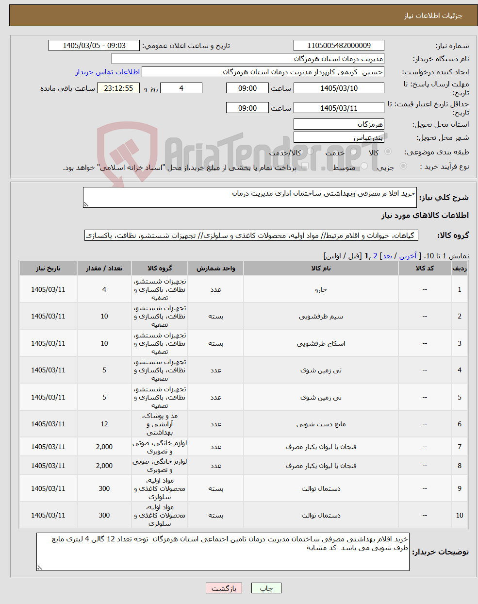 تصویر کوچک آگهی نیاز کالا-خرید اقلا م مصرفی وبهداشتی ساختمان اداری مدیریت درمان