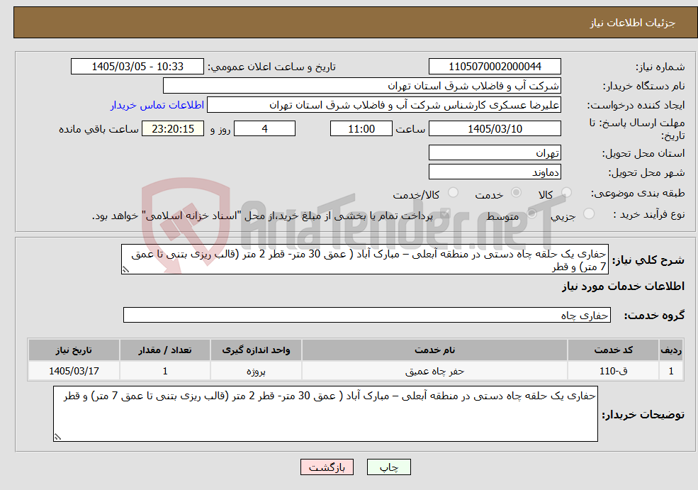 تصویر کوچک آگهی نیاز خدمات-حفاری یک حلقه چاه دستی در منطقه آبعلی – مبارک آباد ( عمق 30 متر- قطر 2 متر (قالب ریزی بتنی تا عمق 7 متر) و قطر 