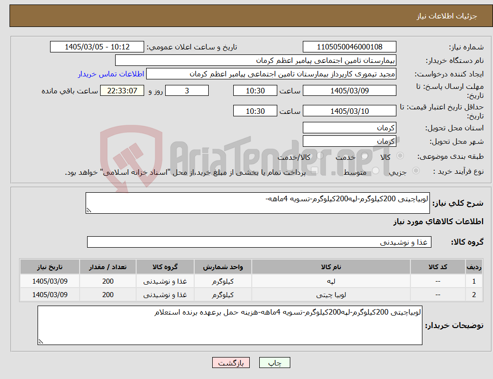 تصویر کوچک آگهی نیاز کالا-لوبیاچیتی 200کیلوگرم-لپه200کیلوگرم-تسویه 4ماهه-