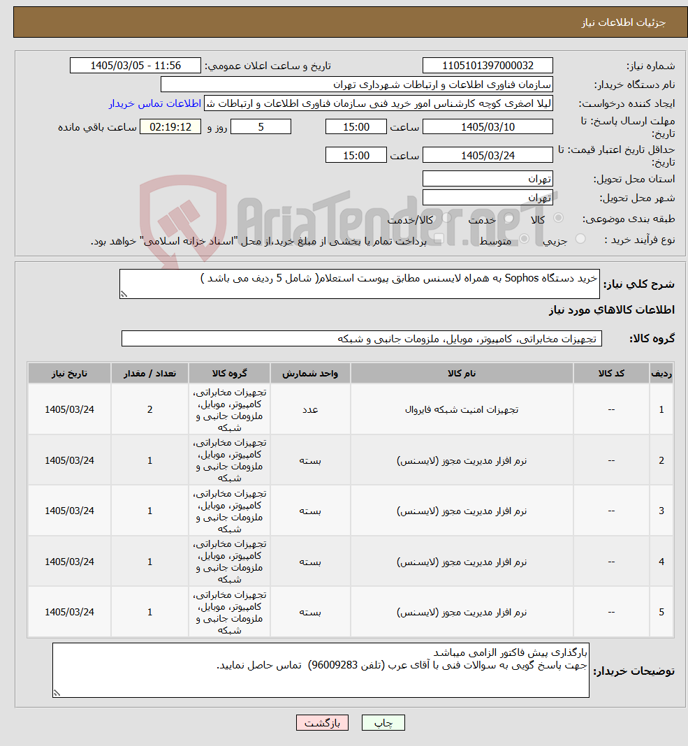 تصویر کوچک آگهی نیاز کالا-خرید دستگاه Sophos به همراه لایسنس مطابق پیوست استعلام( شامل 5 ردیف می باشد )