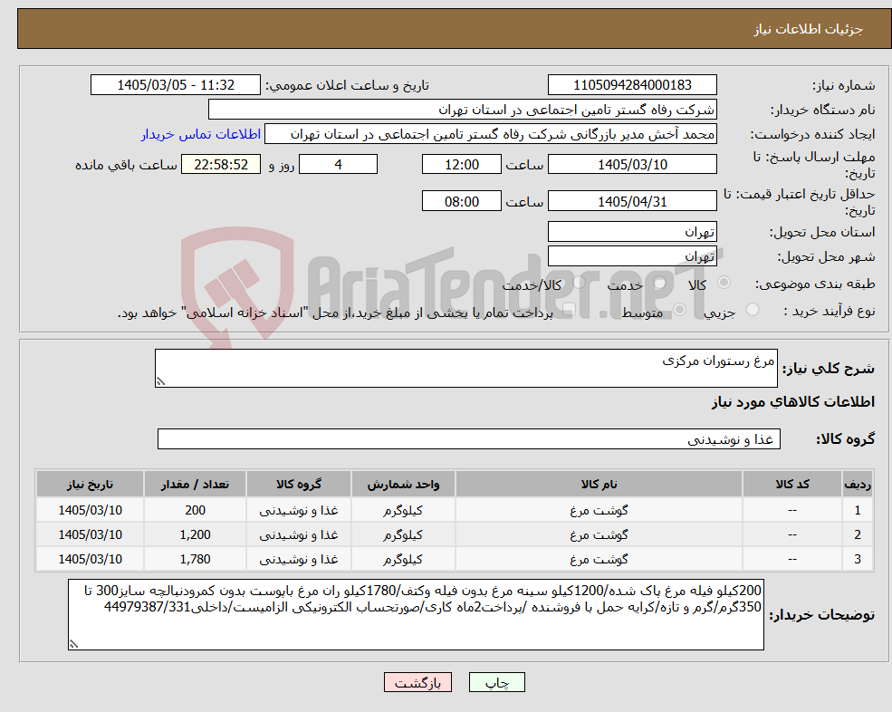 تصویر کوچک آگهی نیاز کالا-مرغ رستوران مرکزی