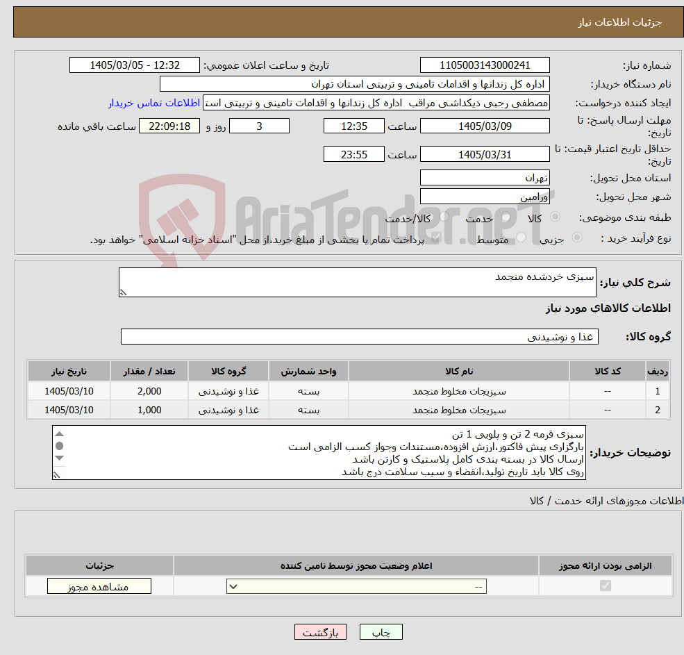 تصویر کوچک آگهی نیاز کالا-سبزی خردشده منجمد