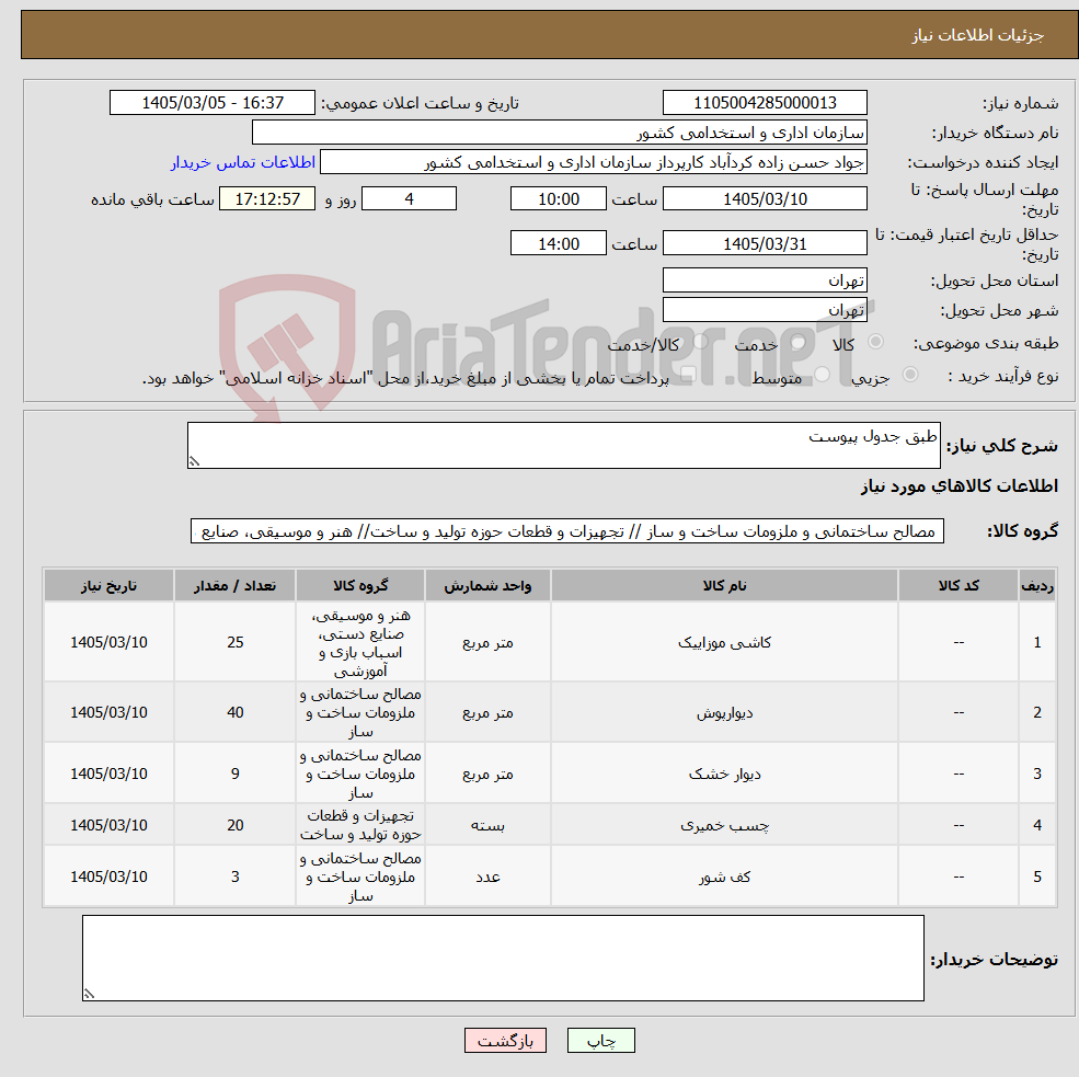 تصویر کوچک آگهی نیاز کالا-طبق جدول پیوست 