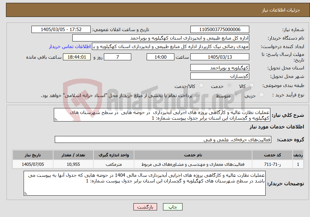 تصویر کوچک آگهی نیاز خدمات-عملیات نظارت عالیه و کارگاهی پروژه های اجرایی آبخیزداری در حوضه هایی در سطح شهرستان های کهگیلویه و گچساران این استان برابر جدول پیوست شماره: 1