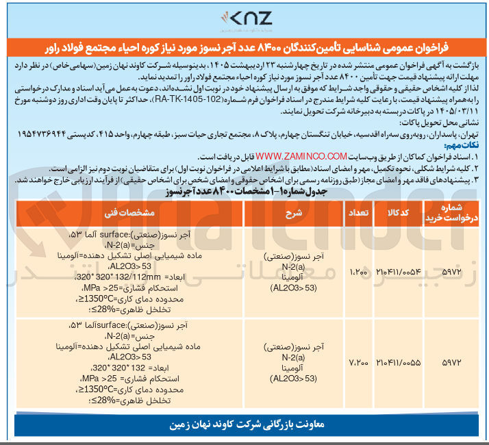 تصویر کوچک آگهی شناسایی تأمین کنندگان آجر نسوز مورد نیاز کوره احیاء مجتمع فولاد