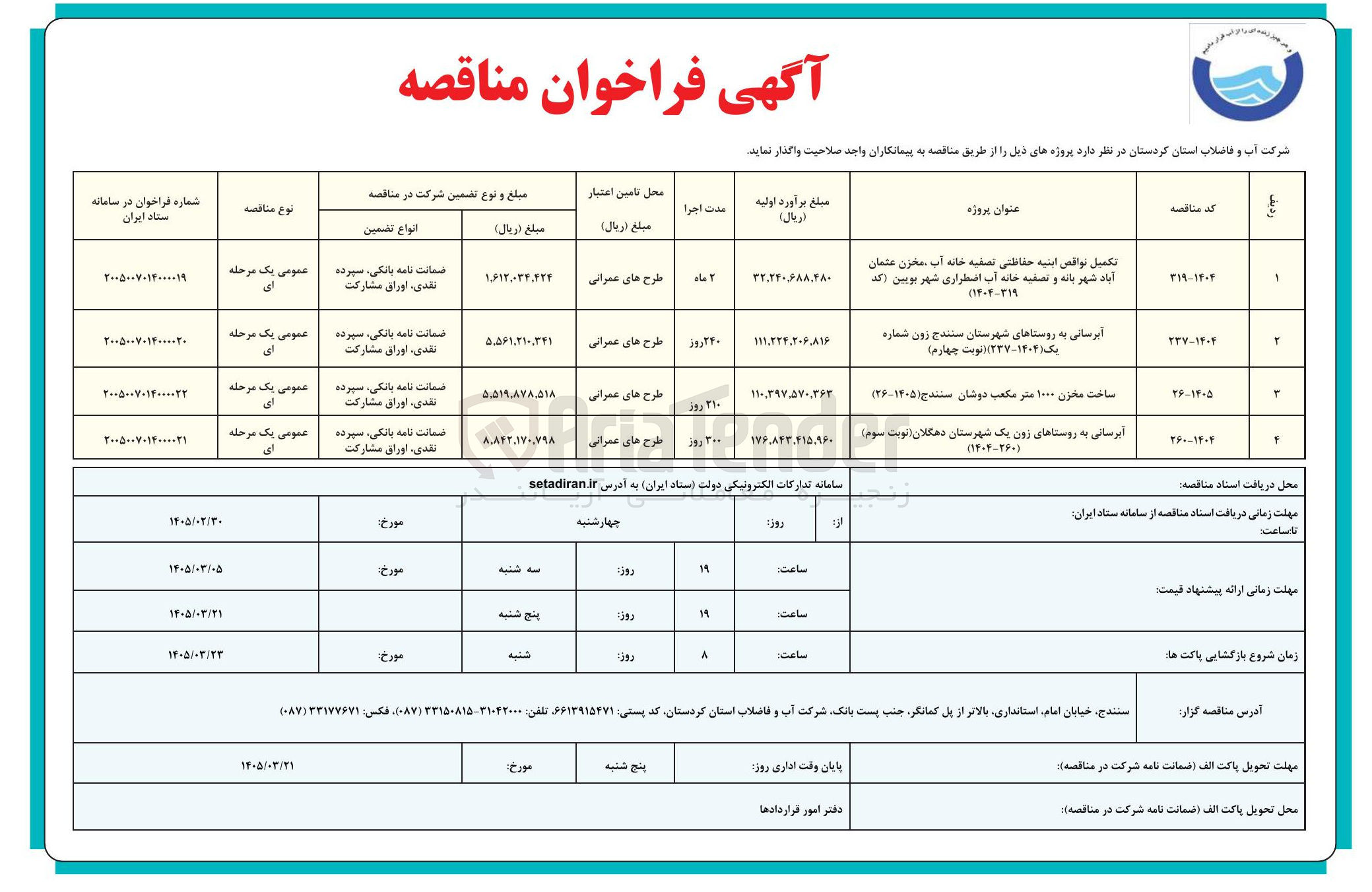 تصویر کوچک آگهی تکمیل نواقص ابنیه حفاظتی تصفیه خانه آب، مخزن عثمان آباد و تصفیه خانه آب اضطراری شهر 