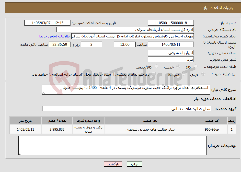 تصویر کوچک آگهی نیاز خدمات- استعلام بها تعداد برآورد ترافیک جهت سورت مرسولات پستی در 4 ماهه 1405 به پیوست جدول 