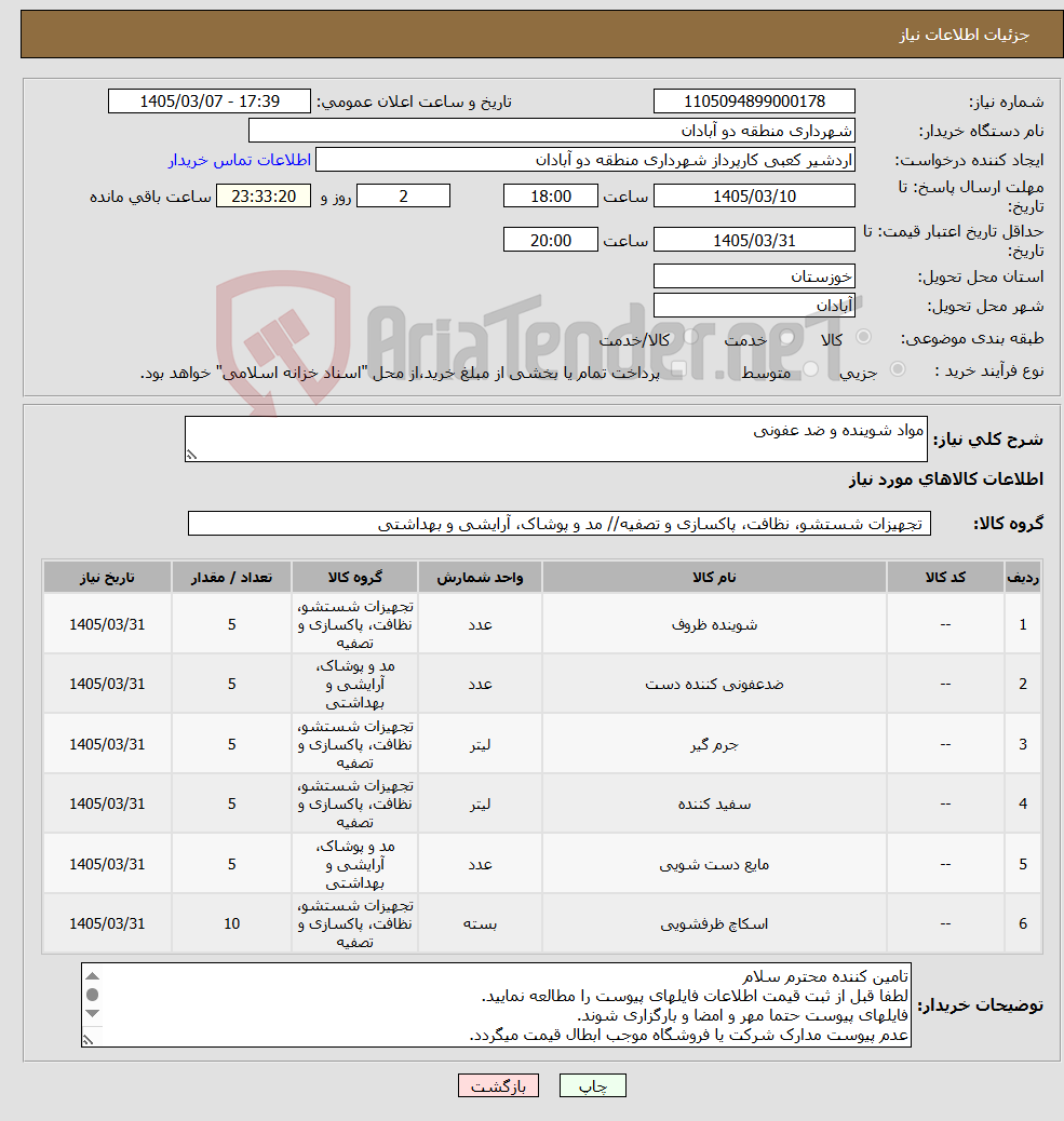 تصویر کوچک آگهی نیاز کالا-مواد شوینده و ضد عفونی