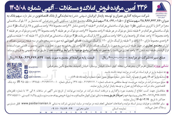 تصویر کوچک آگهی فروش سهم بانک از مجتمع تجاری مسکونی نگین بندرعباس مشتمل بر 12 بلوک ساختمانی