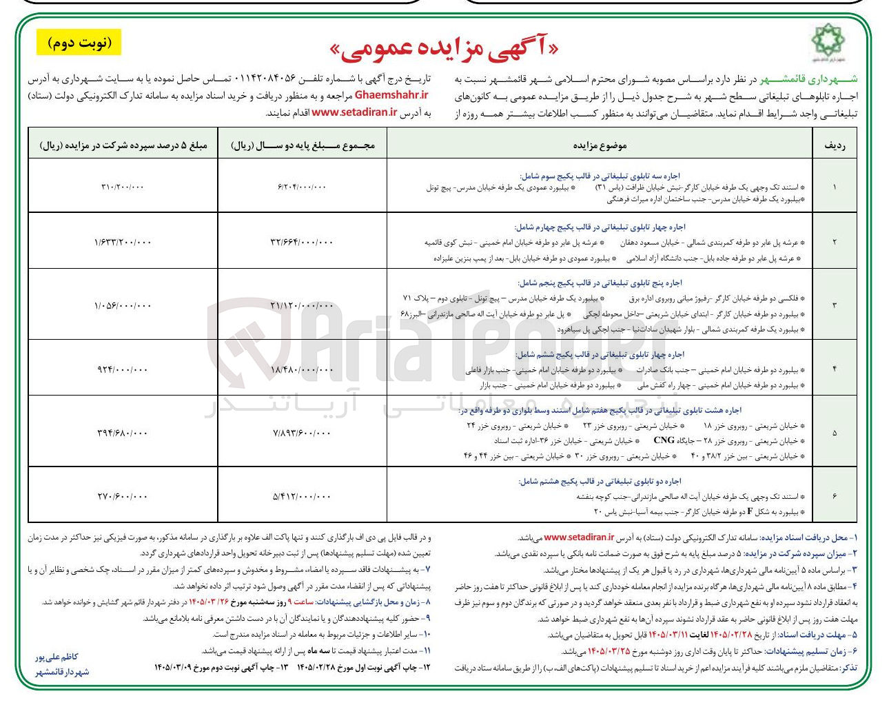 تصویر کوچک آگهی اجاره تابلوهای تبلیغاتی سطح شهر در 6 ردیف