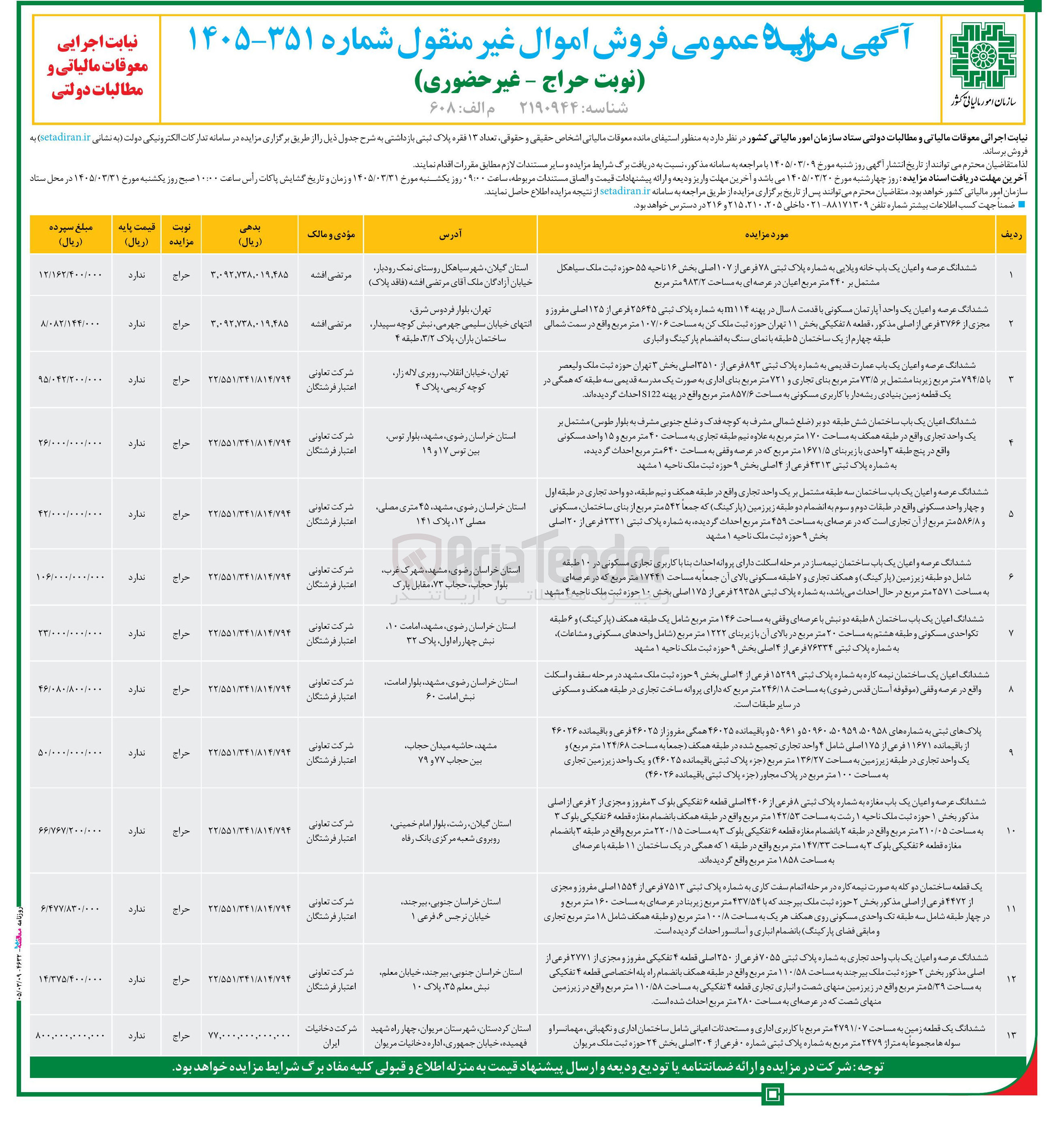 تصویر کوچک آگهی فروش تعداد ۱۳ فقره پلاک ثبتی بازداشتی