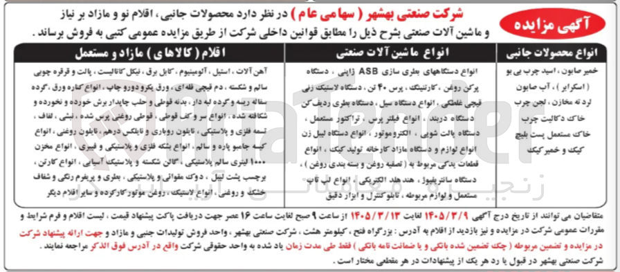 تصویر کوچک آگهی فروش محصولات جانبی، اقلام نو و مازاد بر نیاز و ماشین آلات صنعتی
