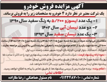 تصویر کوچک آگهی فروش 4 خودرو 