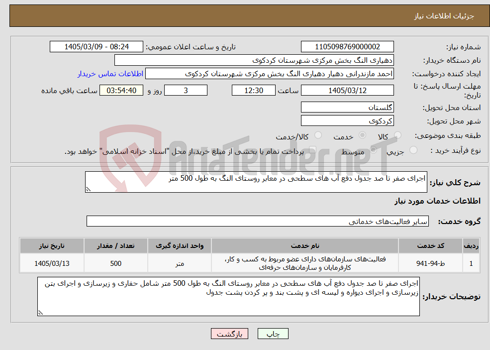 تصویر کوچک آگهی نیاز خدمات-اجرای صفر تا صد جدول دفع آب های سطحی در معابر روستای النگ به طول 500 متر 