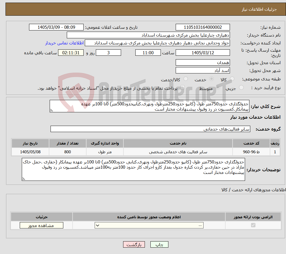 تصویر کوچک آگهی نیاز خدمات-جدولگذاری حدود750متر طول (کانیو حدود250مترطول ونهری.کتابیحدود500متر) 0تا 100بر عهده پیمانکار.کمسیون در رد وقبول پیشنهادات مختار است