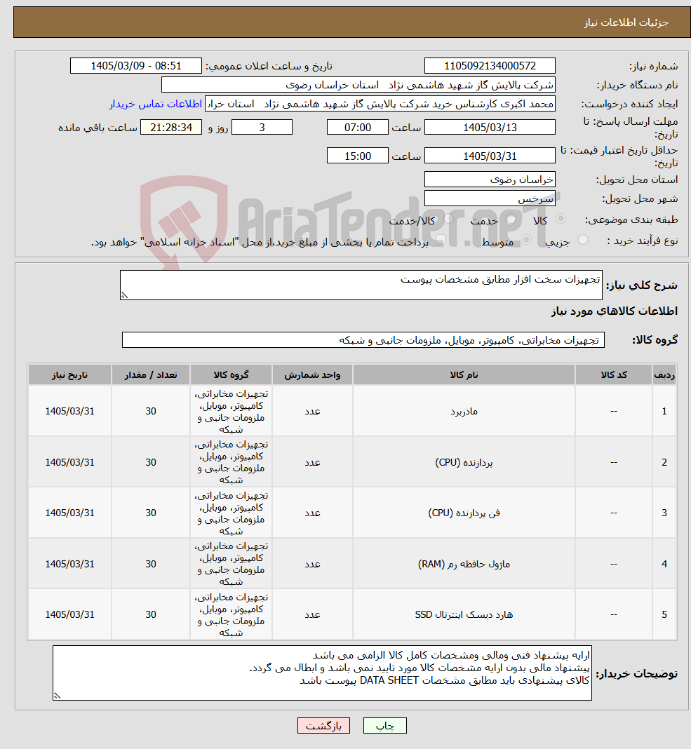 تصویر کوچک آگهی نیاز کالا-تجهیزات سخت افزار مطابق مشخصات پیوست 