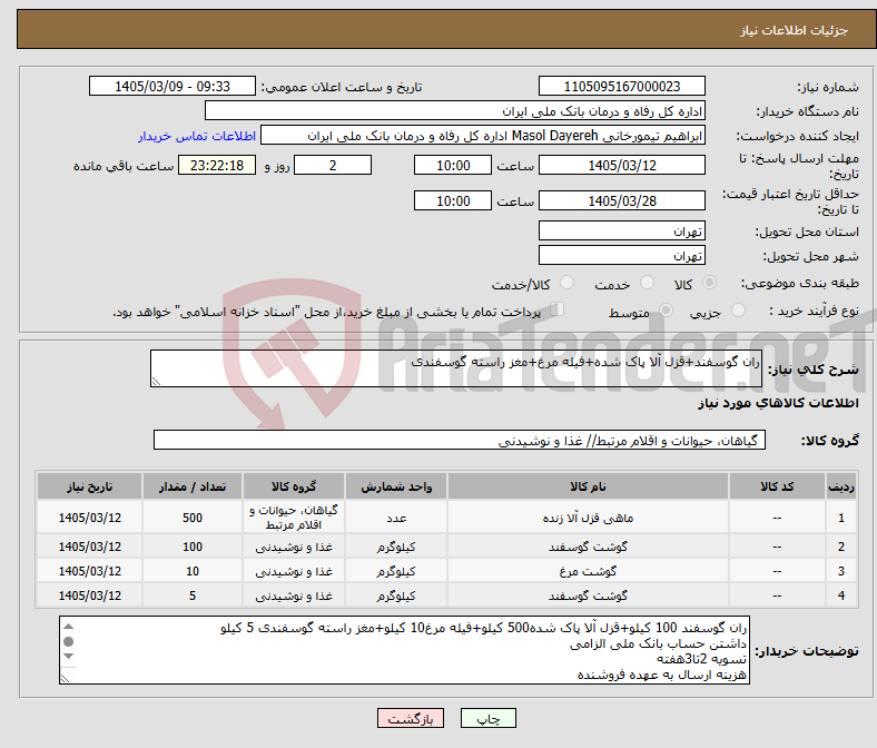 تصویر کوچک آگهی نیاز کالا-ران گوسفند+قزل آلا پاک شده+فیله مرغ+مغز راسته گوسفندی