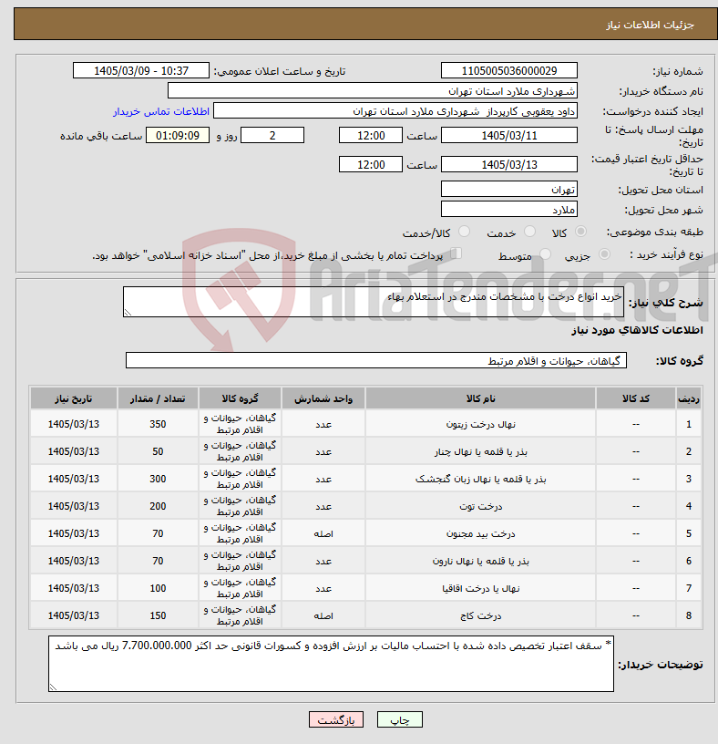 تصویر کوچک آگهی نیاز کالا-خرید انواع درخت با مشخصات مندرج در استعلام بهاء