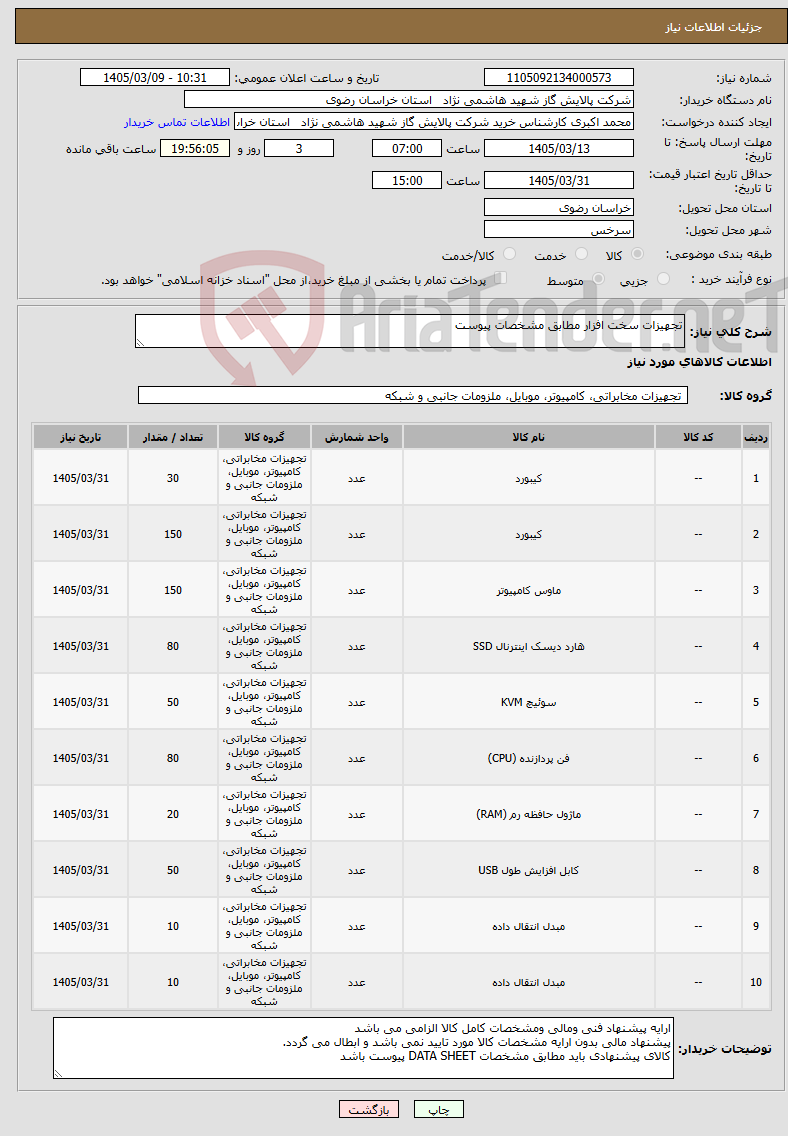 تصویر کوچک آگهی نیاز کالا-تجهیزات سخت افزار مطابق مشخصات پیوست