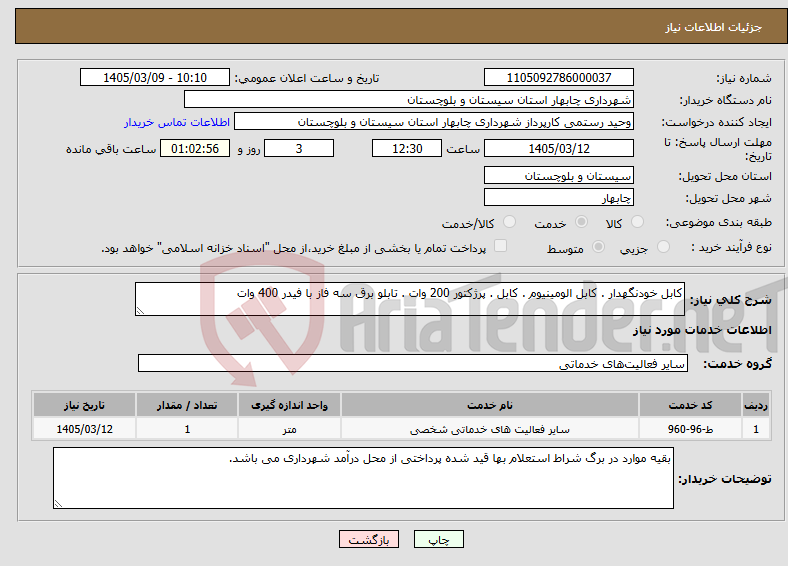تصویر کوچک آگهی نیاز خدمات-کابل خودنگهدار . کابل الومینیوم . کابل . پرژکتور 200 وات . تابلو برق سه فاز با فیدر 400 وات 