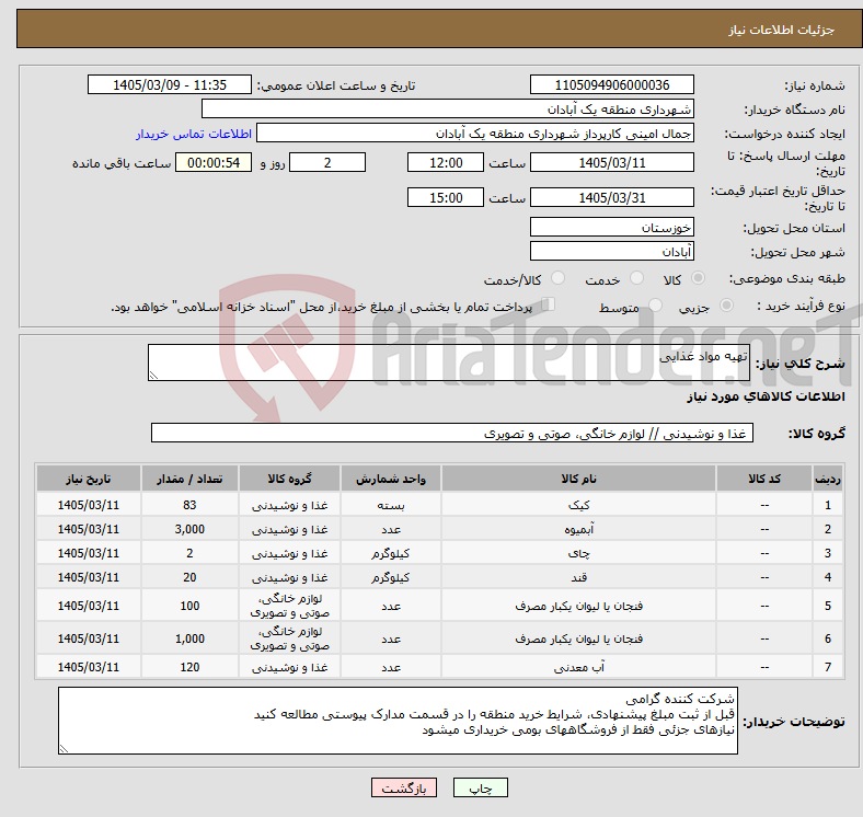 تصویر کوچک آگهی نیاز کالا-تهیه مواد غذایی