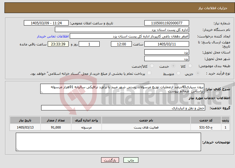 تصویر کوچک آگهی نیاز خدمات-برون سپاری40درصد ازعملیات توزیع مرسولات پستی شهر میبد با برآورد ترافیکی سالیانه 91هزار مرسوله براساس ضمائم پیوست
